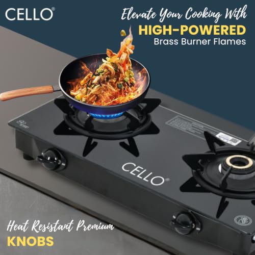 Image of Cello DEZIRE PRO PLUS 2 Burner Gas Stove | Manual Ignition | Direct Flame Brass Burners | 6mm Toughened Glass Top | Hexa Pan Supports | ISI Certified | LPG | 1Yr Warranty