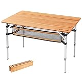 KingCamp Bamboo Folding Table Lightweight Camping Table with Storage Mesh Layer 4-Folds Portable Picnic Camp Table Sturdy Adjustable Height Aluminum Legs for Outdoor Dinning Beach Tailgating 2-4Person