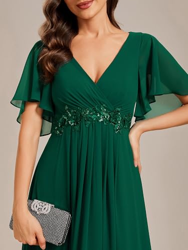 Image of Ever-Pretty Womens V Neck Applique Mother of the Bride Dresses Formal Dress | Chiffon, Short Sleeves, Ruched, A-Line, Bridesmaid Dresses, Formal Gown, Black Tie Dress