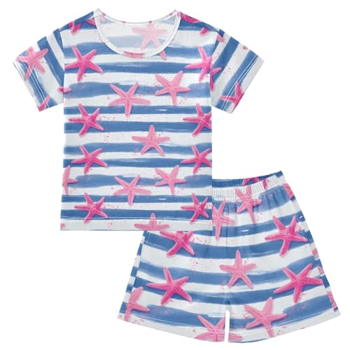 Pink Starfish Pattern Summer Cute Pajama Sets, Short Sets for Daily Wears and Sleep Wears