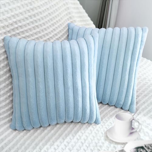 2 Pack 18x18 Pillow Cover Velvet Pillow Covers, Faux Fur Square Throw Pillow Covers for Living Room Decorations Throw Pillow Case, Throw Pillow Cover Cushion Cover for Sofa Bedroom Car, Light Blue