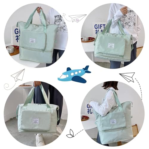 Image of Large Capacity Folding Travel Tote Bag, Oxford Fabric Waterproof Lightweight Foldable Travel Duffel Bag, Portable Expandable Travel Bag, Dry and Wet Separation Carry On Bag for Airplanes (Green)