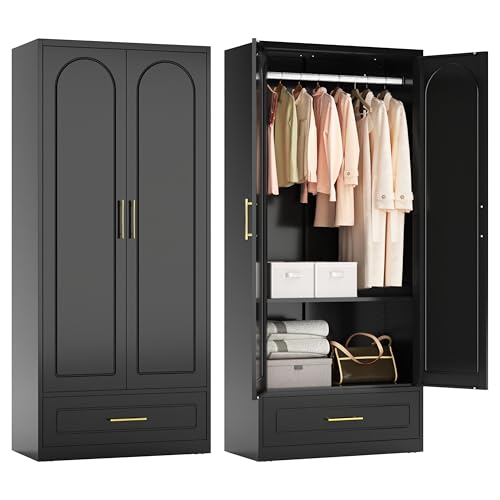 Polup Metal Armoire Wardrobe Closet with Drawer, 71“ Tall Freestanding Wardrobe Cabinet with Doors and Shelves, Large Armoire with Hanging Rod, Clothes Cabinets for Bedroom, Black, Assembly Required