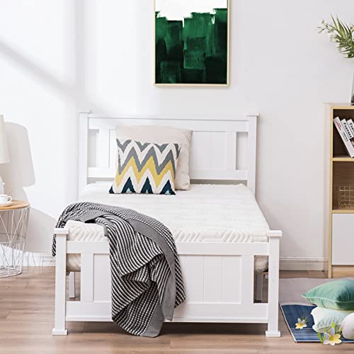 Bonnlo Twin Bed Frames With Headboard For Kids & Adults,Stylish Modern White Wood Bed Single Bed, No Box Spring Needed Panel Bed, Wood Slat Support Mattress Foundation #TOP1