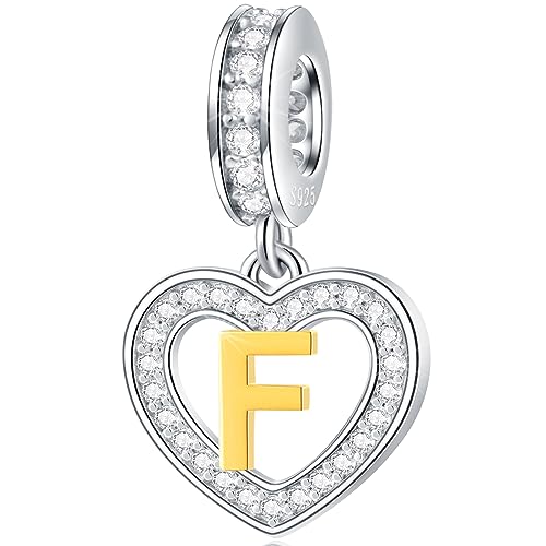Image of GLOWDAS 18K Gold Plated Letter Charms Initial A to Z Necklace Pendant, 925 Sterling Silver CZ Heart Dangle Alphabet Beads fit European DIY Bracelet, Gifts for Valentiens /Christmas /Family