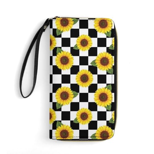 Large Capacity Slim Wallet for Women Waterproof Travel Long Purse Black And White Checkered Flag Sunflowers Credit Card Holder with Multiple Card Slots3