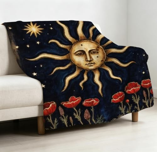 Couverture polaire soleil fleurs lune décorative de qualité - 3