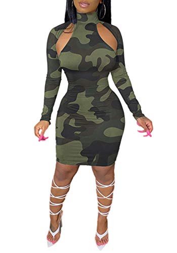 Voghtic Women's Sexy High Neck Long Sleeve Hollow Out Camo Print Party Club Pencil Mini Dress #TOP24