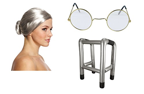 Henbrandt Old Lady Granny Wig, Round Glasses & Inflatable Walking Frame Fancy Dress Accessory