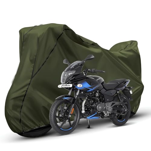 Image of Waterproof Bike Body Cover Compatible with Bajaj Pulsar 220f Dustproof Scratchproof - Motorcycle Cover for Two Wheeler, Outdoor Full Cover with UV, Duty, Rain Protection (Olive with Black)