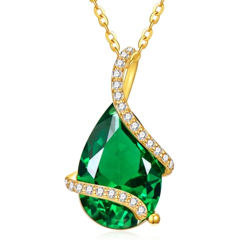 Solid 14K Gold Pear Shaped Birthstone Necklace for Women, 4 Carat Teardrop Created Gemstone Pendant Necklaces Fine Jewelry Gifts for Mom Nana Mother's Day Birthday Christmas, 16