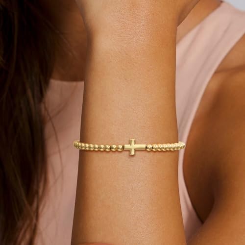 Gold Bracelets for Women 14K Gold Plated Bead Bracelet Hypoallergenic Stretch Bracelets for Women Elastic Bracelet Trendy Teen Gift Dainty Jewelry for Women 6