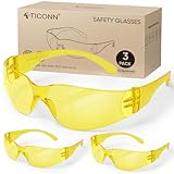 TICONN 3 Clear Safety Glasses for Men and Women, Safety Goggles with Scratch Impact Resistant Meets ANSI Z87.1 Standard (Yellow, 3 Pack)