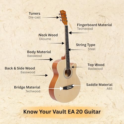 Image of VAULT EA20 Basswood Guitar Kit With Learn To Play E-Book, Bag, Strings, Straps, Picks, String Winder & Polishing Cloth - 40 Inch Cutaway Acoustic Guitar - Natural