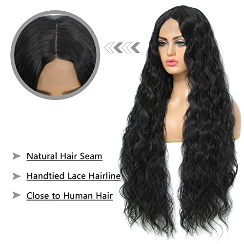 32" Long Curly Synthetic Wigs For Black Women Fake Scalp Wig Deep Wave Lace Front Wig Middle Part Natural Looking, Color 1B# #TOP3