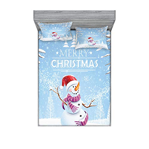 Ambesonne Christmas Fitted Sheet & Pillow Sham Set, Snowman in a Snowy Winter Day with Xmas Hat Frosty Noel Theme, Decorative Printed 2 Piece Bedding Decor Set, King, White Blue
