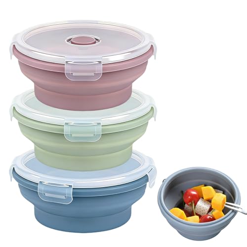 HXSYKJDM Collapsible Lunch Box 3 Pack - 550ml Silicone Food Storage Containers with Lids Reusable Bento Boxes for Work School Picnic Space-Saving (Blue Green Pink)