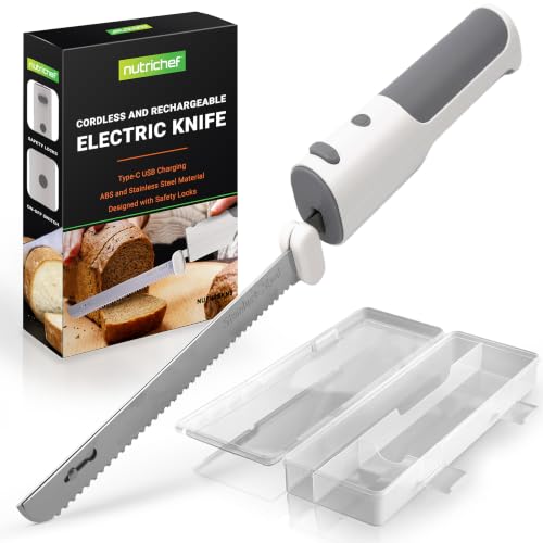 Image of NutriChef Electric Carving Knife Cordless – Rechargeable Kitchen Knife with Safety Lock for Meat and Bread, Stainless Steel Blades, Lightweight, White