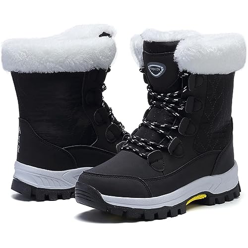 Maxome Snow Boots Womens Winter Boots Walking Ladies Waterproof Fur Lined Ankle Mid Calf Outdoor Women Walking Shoes Non-Slip Lightweight for Girls Booties Black
