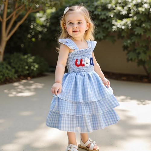 Toddler Girl 4th of July Outfit USA Smocked Dress Spaghetti Strap Ruffle Dresses Little Girls Fourth of July Clothes2