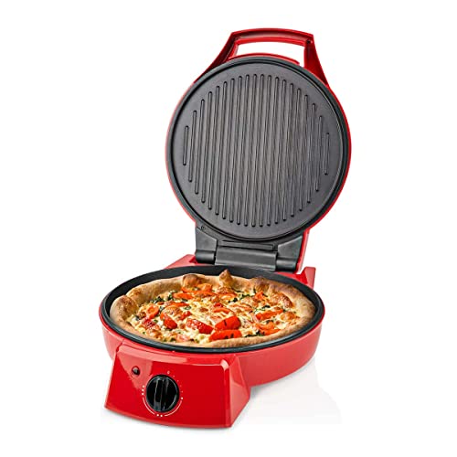 Ex-Pro Máquina eléctrica de pizza de 12 pulgadas y parrilla de mesa, horno de pizza portátil para interiores con platos antiadherentes de 12 pulgadas, 3 ajustes de calor máximo de 230 °C, rojo retro
