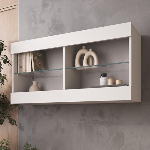 Komodee, Hängende Vitrine Schrank Tivoli Horizontal, Weiß/Weiß, Breite 100cm x Höhe 50cm x Tiefe 29cm, 2 Regalböden, für Wohnzimmer, Schlafzimmer, Eingang