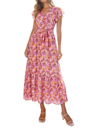 Image of PRETTYGARDEN Women's Summer Floral Boho Maxi Dress | Short Sleeve Wrap V Neck, Long Flowy Ruffle Dresses, Spring Wedding Guest Outfits for Beach Vacation, Resort Wear, Tea Party