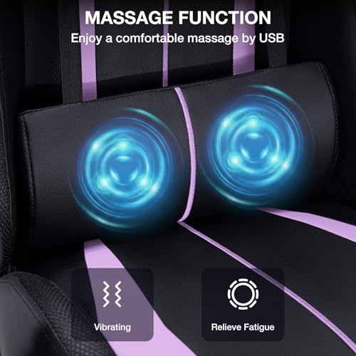 Image of HOFFREE Gaming Chair with LED RGB Lights and Massage Ergonomic Computer Chair with Footrest High Back Video Game Chair with Adjustable Lumbar Support Linkage Armrest Purple and Black