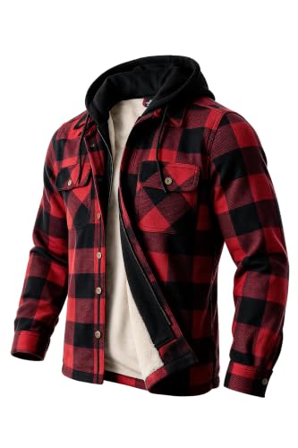 Image of TanBridge Men's Cotton Plaid Shirts Jacket Full Zip Fleece Flannel Sherpa Lined Hoodies Heavyweight Hoodies Jacket for Men