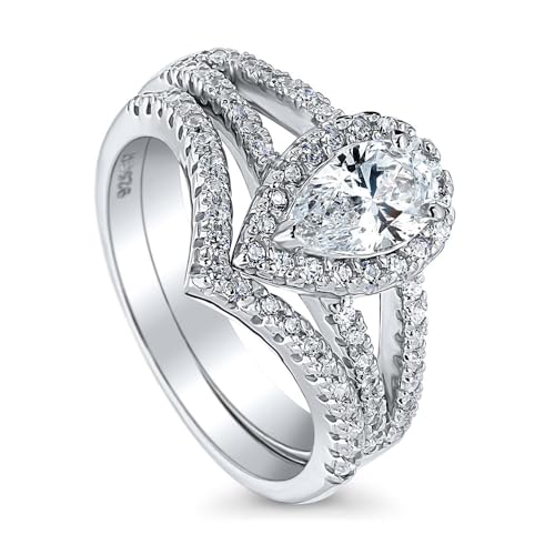 BERRICLE Sterling Silver Halo Engagement Promise Rings, Wishbone Stackable Eternity Band Ring for Women, Pear Cut Cubic Zirconia CZ, 1-3 Piece Set