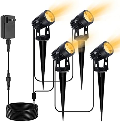 VOLISUN 4 Packs Low Voltage Landscape Spotlights with Transformer,Outdoor Uplights 98.4ft Cable IP65 Waterproof 12V Low Voltage with Stakes Warm White (Metal Material)Outdoor Lighting for House,,Flags
