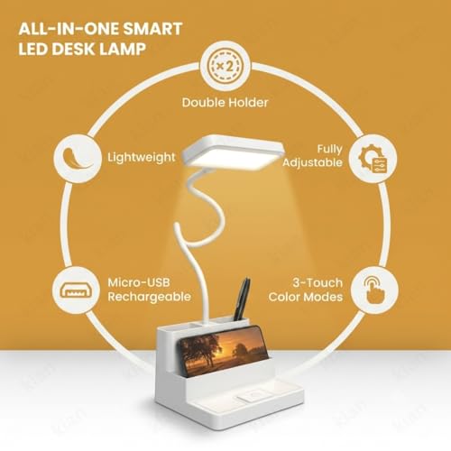 Image of Kian LED Desk Lamp with Pen & Phone Holder - USB Charging Study Lamp with Touch Sensor, Adjustable Brightness, Eye Protection & Foldable for Students, Reading & Office(Pack of 1) (Lamp 2)