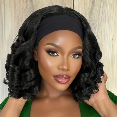 Image of Celiarita Headband Wig Human Hair 10 Inch Curly Short Bob wigs for Black Women Human Hair Bob Headband wig Fringe Rose Bouncy Natural Color