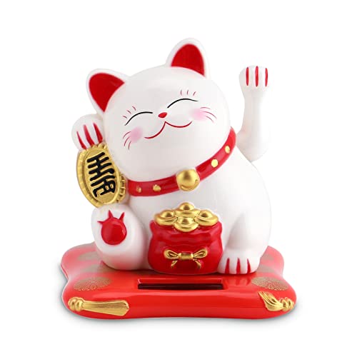Lucky Cat, Mini estatua de gato japonés Maneki Neko con brazo ondeante alimentado por energía solar para la decoración del salpicadero del coche en casa(blanco)