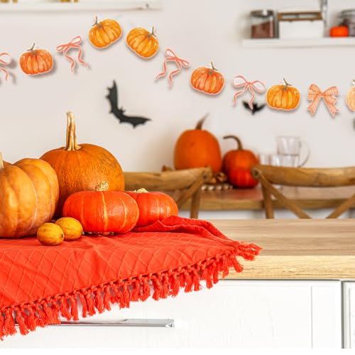 Image of Oudain 2 Pack Fall Decor Fall Pumpkin Garland 6.56 ft Orange Pumpkin Paper Bow Hanging Banner for Thanksgiving Autumn Harvest Birthday Party Home Indoor Outdoor Mantle Wall Decor
