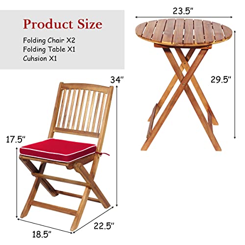 Image of Tangkula 3 PCS Patio Folding Bistro Set, Outdoor Acacia Wood Chair and Table Set w /Padded Cushion& Round Coffee Table, Ideal for Indoor Patio Poolside Garden (Red)
