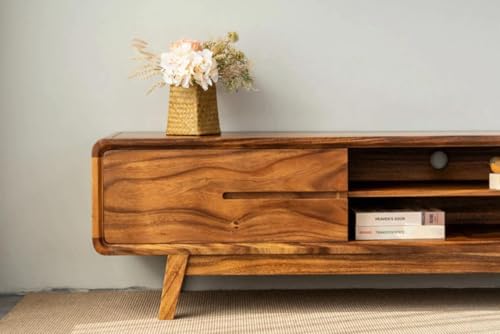 Image of Solid Wood TV Unit for Living Room 65 Inch Furniture - Wooden TV Unit with Storage Cabinet with 2 Door, 2 Open Shelves Wooden TV Cabinet for Living Room - Fits up to 65-Inch TV (Ryan)