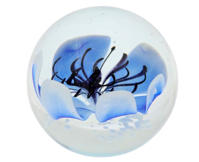 Fermacarte sfera di vetro fiore blu artigianale – scultura decorativa design – 9 cm | Decorazione dell'ufficio, Fiore incapsulato, Sfera Trasparente, Artigianato in Vetro, Bolle Decorative