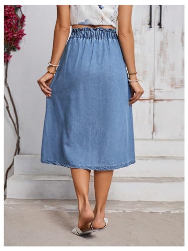 GORGLITTER Women's Blue Jean Midi Denim Skirt Frill Trim Elastic Waist A Line Skirts3
