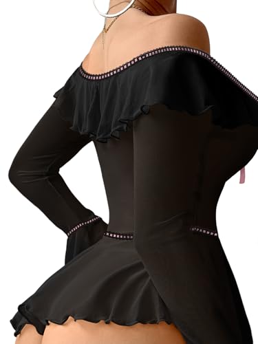Image of Foxiny Sheer Ruffle Long Sleeve Babydoll Lingerie Dress | Off-shoulder neckline, flared cuffs and a flounce hem add movement; thong and thigh-high stockings complete the 3-piece set