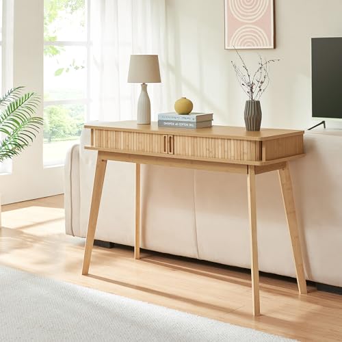 [en.casa] Consola Tysvær Versátil Mueble Recibidor Mesa de Entrada Escritorio con 2 Compartimentos Cerrados Diseño Atractivo Bambú 110 x 40 x 78 cm - Natural
