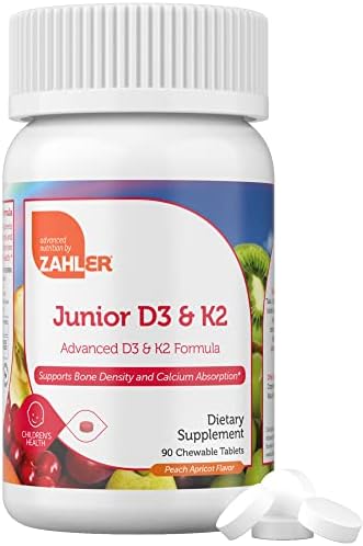 Zahler - Junior Vitamin D3 + K2 Chewable Tablets for Kids| Vitamin D for Kids 2000 IU | Delicious Vitamin D K2 Chews to Support Healthy Bones & Teeth - Kosher, Less Sugar Than Gummies (90 Count)