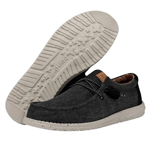 HEYDUDE Men's Wally Washed Canvas Black Size 7 | Men's Shoes | Men's Slip-on Loafers | Comfortable & Light-Weight