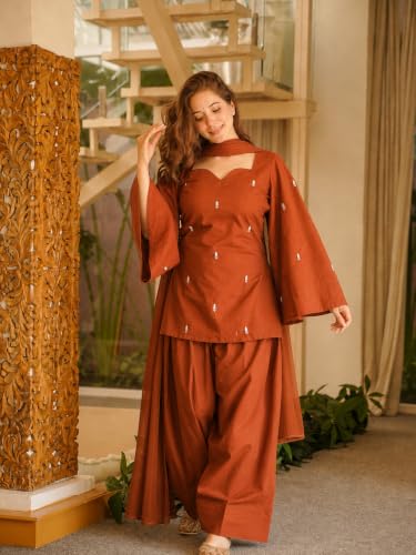 Image of ANNI Designer Women's Cotton Blend Embroidered Straight Kurta with Farshi Salwar and Dupatta | Ethnic Kurta Set for Women Stylish Indian Outfit Designer Suit Set Ethnic Clothing Collection