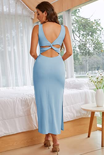 Image of ALENDA DANMOS Women Backless Maxi Dress High Sides Slit Bodycon Tank Dress Twist Low Back Casual Sundress 122