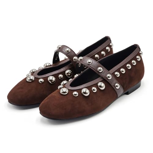 Studded Suede Ballet Flats for Women with Leather Strap Round Toe Slip on Ballet Shoes Comfortable Dessy Shoes2