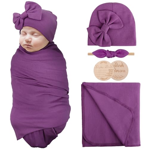 Image of AQOKKA Newborn Receiving Blanket with Bow Hat Headband Wooden Card Set Newborns Toddler Baby Boy Girl Nursery Swaddle Wrap