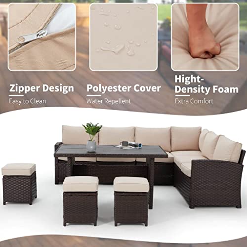 Image of DEVOKO Outdoor All-Weather Sectional Wicker Sofa Set and Ottomans with Washable Cushions and Dinning Table for Backyard, Pool (Dark Brown and Cream)