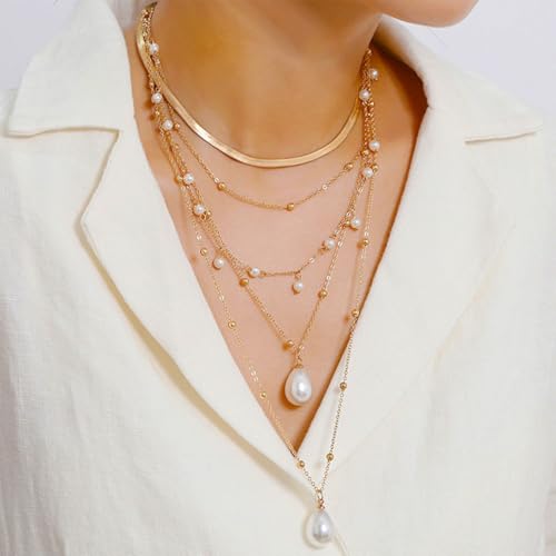Long Gold Layered Pearl Pendant Necklace for Women, Chunky Boho Multistrand Pearls Beaded Choker Necklaces Stackable Snake Chain Statement Necklaces3