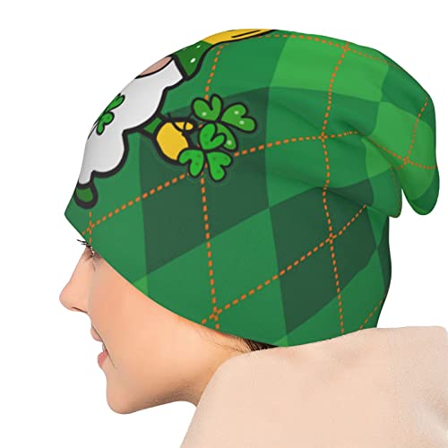 Saint Patrick's Day Gnome With Shamrocks Knit Beanie Hat Adults Stretch Knitted Skull Beanies Cap Green Plaid Design Hats Outdoor For Women Men #TOP4